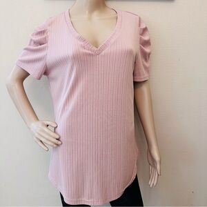 Elegant V-Neck Pink Ribbed Women's Tunic